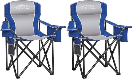 Camping Chair with Cooler Bag, Cup Holder, Storage Pocket, Heavy Duty 450lbs Capacity with Large Anti-Sink Feet, Portable Folding Padded Chair for Outdoor, Beach, Fishing, Sports, Blue 2Pack
