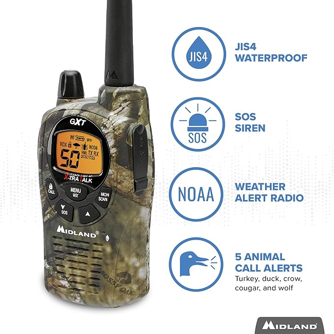 Midland – Handheld GMRS 50 Channel Two-Way Radio - Long Range Walkie Talkies with Rechargeable Batteries - GXT1050VP4 - Hiking Hunting Camping Gear – Boom Mic headsets - Mossy Oak Camo – Combo 2 Pack