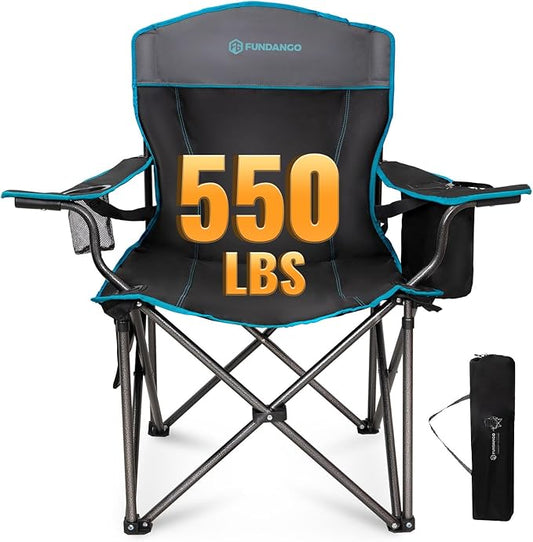 FUNDANGO Oversized Camping Chair for Adults,550lbs Heavy Duty Foldable Portable Lawn Chair with Padded Seat & Back, 4-can Cooler & Cup Holder, Carry Bag Included for Outdoor (Black/Grey)