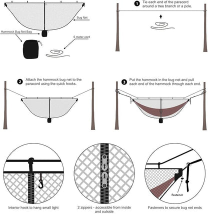 TOBWOLF Camping Hammock Net, Lightweight Outdoor Mosquito Net, 360 Degree Protection Polyester Netting with Dual Sided Zipper & Rope & Storage Bag (Not Include Hammock)