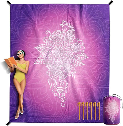 VENTURE 4TH Family-Size Beach Blanket: Sandproof, Waterproof, Lightweight & Compact. Includes Stakes and Carry Bag. 9x10 feet XXL Purple Mandala