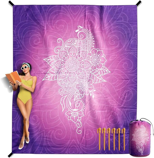 VENTURE 4TH Family-Size Beach Blanket: Sandproof, Waterproof, Lightweight & Compact. Includes Stakes and Carry Bag. 9x10 feet XXL Purple Mandala