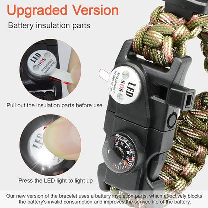 20 in 1 Survival Paracord Bracelet Adjustable Gear Kit with SOS LED Light, Fire Starter, Bigger Compass, Survival Whistle, Perfect for Camping, Hiking, Fishing