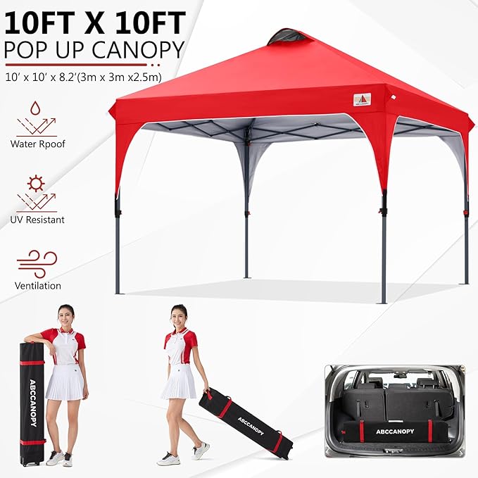 ABCCANOPY Outdoor Pop up Canopy Tent, 10x10 Instant Portable Canopy for Camping, Beach, Backyard, Red