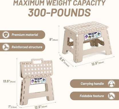 Delxo Folding Step Stool,9 Inch Lightweight Plastic Stepstool,Portable Collapsible Foldable Step Stool Non Slip Folding Stools for Kitchen Bathroom Bedroom in Khaki,1 Pack