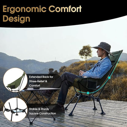 MOON LENCE High Back Folding Camping Chairs, Adjustable Height Beach Chair with Anti-Sinking Feet & Widened Seat (Khaki)