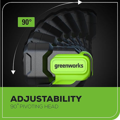 Greenworks 24V Cordless LED Flash Light, 200 lumes Handheld Work Light, Pivoting Head, 3 Lighting Modes, Hanging Hook, with 2Ah Battery and Charger