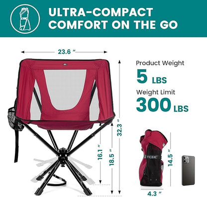 Portable Camping Chair - SwivelCore 180 Swivel & Auto-Return, Small Compact Lightweight Folding Chairs for Adults, Outdoor Backpack Chair for Adventures, Setup in Seconds, Support 300 LBS