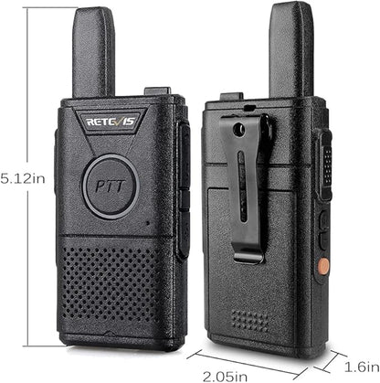 Retevis RT18 Rechargeable Walkie Talkies,Portable FRS Two-Way Radios,Dual PTT,Metal Clip,Small Mini Walkie-Talkie for Seniors Skiing Gift Family Camping Elderly(2 Pack)
