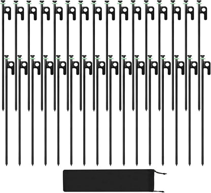 32Pcs Tent Stakes, 16in Heavy Duty Tent Stakes with Storage Pouch, Forged Steel Tent Sakes Metal, Metal Stakes for Tent Used on Grassland, Snowfield, Dessert(32Pcs, 16in, Diameter 1/4")