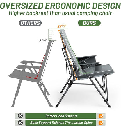 TIMBER RIDGE Oversized Camping Chair with Lumbar Support, Portable Folding Chair Heavy Duty for Adults Supports 450 LBS for Outdoor Camping, Lawn, with High Back, Cup Holder, Side Pocket - Grey