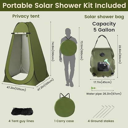 Solar Shower Tent Kit, Pop Up Privacy Tent Camping Shower Tent Kit Instant Pop Up Privacy, 5 Gallon Solar Shower Bag, Sun Canopy Beach Outdoor Camp Privacy Tent