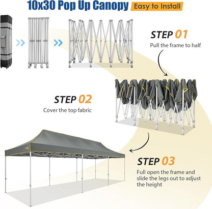 HOTEEL 10x30 Pop up Canopy Tent for Parties, Heavy Duty Easy Setup Tent Without Sidewalls, Outdoor Commercial Instant Gazebo for Wedding Event, with Portable Bag, Grey(Hexagonal Frame)