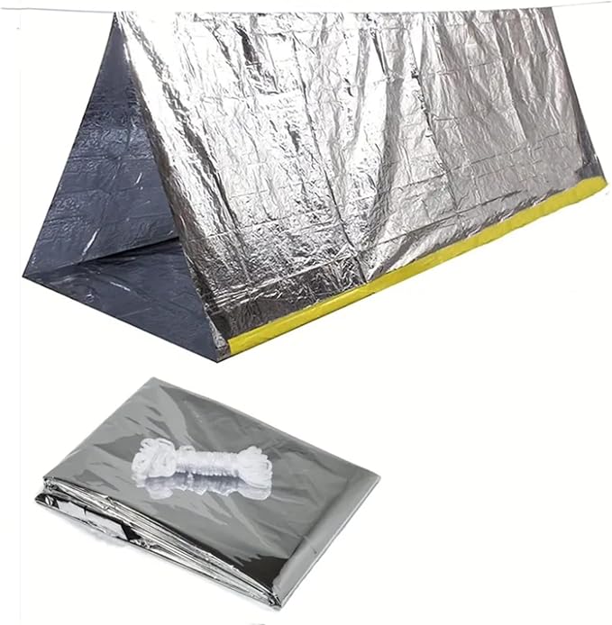 1 Piece Survival Shelter, Polyester Film Emergency Tent Survival Kit with String Bundle Pocket Whistle for Hiking, Car Camping, First Aid Hurricane