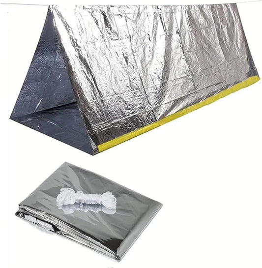 1 Piece Survival Shelter, Polyester Film Emergency Tent Survival Kit with String Bundle Pocket Whistle for Hiking, Car Camping, First Aid Hurricane