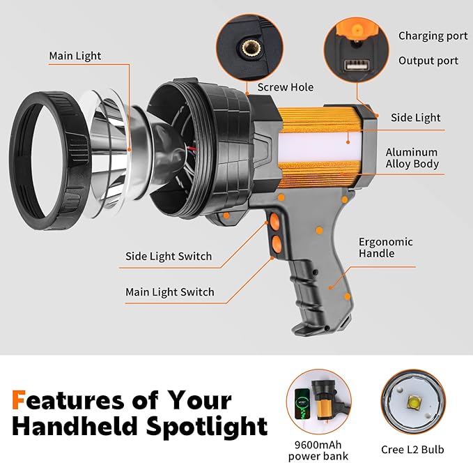 Super Bright Rechargeable Spotlight,Handheld Rechargeable LED Flashlight Ultra-Long Standby Lightweight Tactical Searchlight with USB Output Aluminium Alloy Golden Camping Light (Yellow Light)