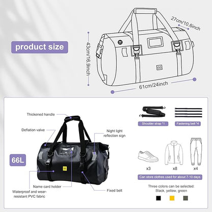 Waterproof Duffel Bag，Roll-Top Heavy Duty Dry Duffle Bag，Motorcycle Dry Bag，with Large Storage Space, Perfect for Traveling, Camping, Kayaking, Fishing & Canoeing (Carbon fiber black, 66L)
