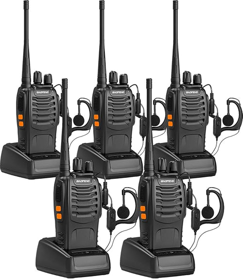 BAOFENG Reachargeble Walkie Talkies 5 Pack Long Range Two Way Radios with Earpiece UHF Handheld Interphone for Adults or Kids Biking Hiking Camping Li-ion Battery and Charger Included