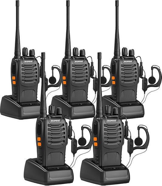BAOFENG Reachargeble Walkie Talkies 5 Pack Long Range Two Way Radios with Earpiece UHF Handheld Interphone for Adults or Kids Biking Hiking Camping Li-ion Battery and Charger Included