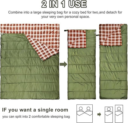 AGEMORE Cotton Flannel Double Sleeping Bag for Camping, Backpacking Or Hiking. Queen Size 2 Person Waterproof Sleeping Bag for Adults Or Teens. Lightweight with Compression Sack