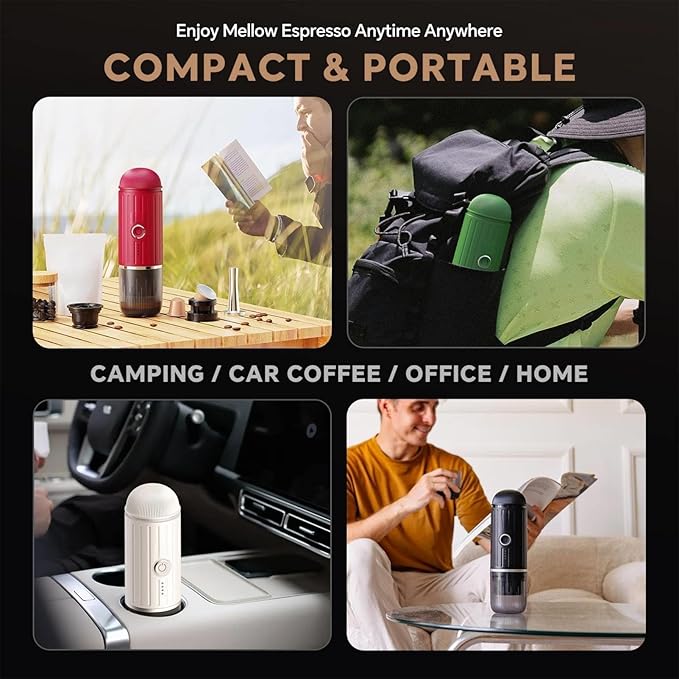 Portable Espresso Machine with 3-4 Min Self-heating, 12V Rechargeable Electric Coffee Machine 19 Bar Compatible with NS Capsules and Ground Coffee for Car Camping Travelling