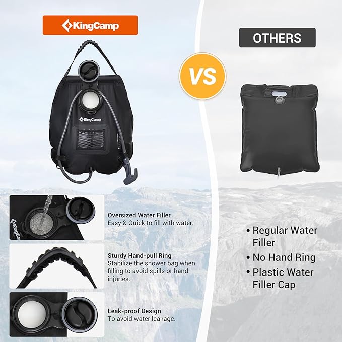 KingCamp Solar Shower Bag for Camping, Lightweight Shower Bag, Durable, Leak-Proof Design with Thermometer, Removable Hose, Switchable Shower Head, Portable Solar Shower for Camping
