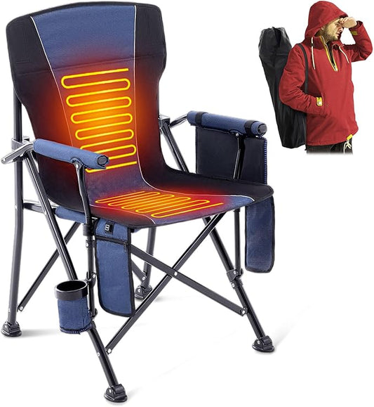 Lamberia Heated Camping Chairs for Adults, Camping Chairs, Portable Heated Chairs for Outdoor, Folding Chairs,Heavy Duty Lawn Chairs for Adults, with Cup Holder,Battery Not Included,Blue