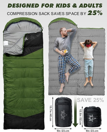 Sleeping Bag for Adults Cold Weather & Warm, Lightweight Backpacking Camping Hiking Essentials Gear for Kids 10-12 Girls Boys Compact w/Compression Sack Indoor Outdoor Sleep Must Haves