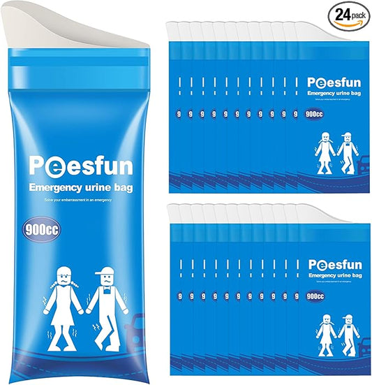 Portable Emergency Urinal Bag, 24 Pack Travel Urine Bag, 900ml Unisex Pee Bag, Resealable Disposable Urinal for car, Traffic Jams, Camping, Road Trips, Pregnant Women, Patients, Children