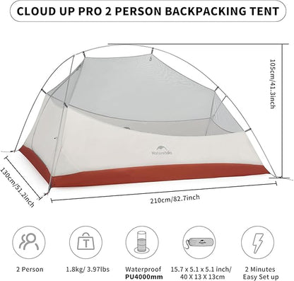 Naturehike Cloud-Up 2 Person Tent Lightweight Backpacking Tent with Footprint - Free Standing Ultralight Camping Hiking Backpack Tents Two Person Tent