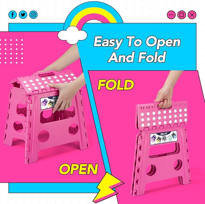 Delxo Folding Step Stool, 13 inch Non-Slip Foldable Stools for Kids & Adults Up to 300 LBS, Step Stool with Handle, Lightweight for Kitchen, Bathroom, Bedroom, Garden, Rose Pink, 1PC