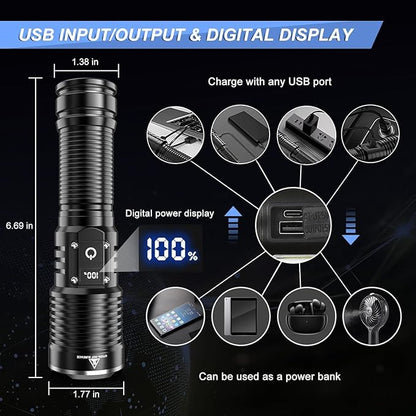 High Lumens LED Flashlights Rechargeable, Super Bright Flashlight, Powerful Tactical Flashlights, Waterproof Handheld Flash Light with 5 Modes, Zoomable, Power Display for Camping Emergencies