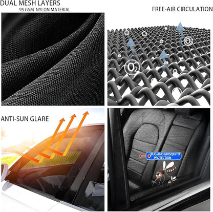 [2025] XL Truck Car Window Screens Shades for Large SUV Pickup 4 Pcs Car Bug Mosquito Net Camping Protector Elastic Mesh Netting Front Rear Side Window Kids Babies(Extra Large)