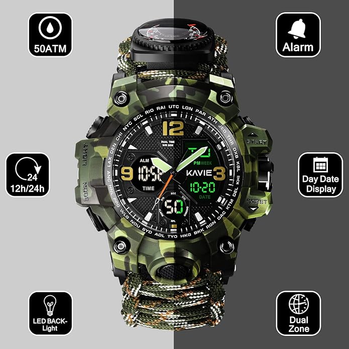 23-in-1 Survival Military Digital Watch, Mens Tactical Multi-Functional and Adjustable Wristband Outdoors Waterproof Sports Dual Dial Watches with Compass Paracord Band