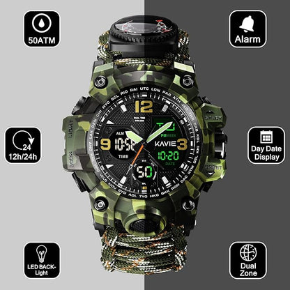 23-in-1 Survival Military Digital Watch, Mens Tactical Multi-Functional and Adjustable Wristband Outdoors Waterproof Sports Dual Dial Watches with Compass Paracord Band