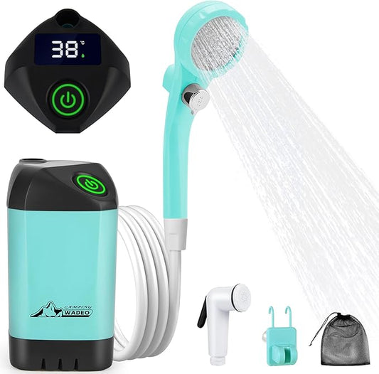 WADEO Portable Shower Camping Shower Outdoor Camp Shower Pump, Electric Rechargeable Portable Camping Shower, Powered by Rechargeable Battery for Camping, Hiking, Traveling