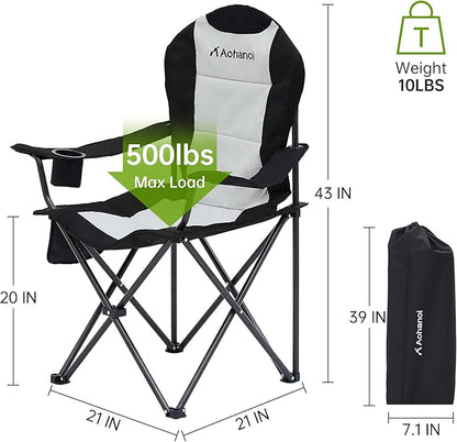 Camping Chairs for Heavy People, Folding Chairs for Outside Outdoor Folding Chairs with Cup Holder & Cooler Bag, Camp Chairs Supports up to 400lbs(2 PC, Black White)