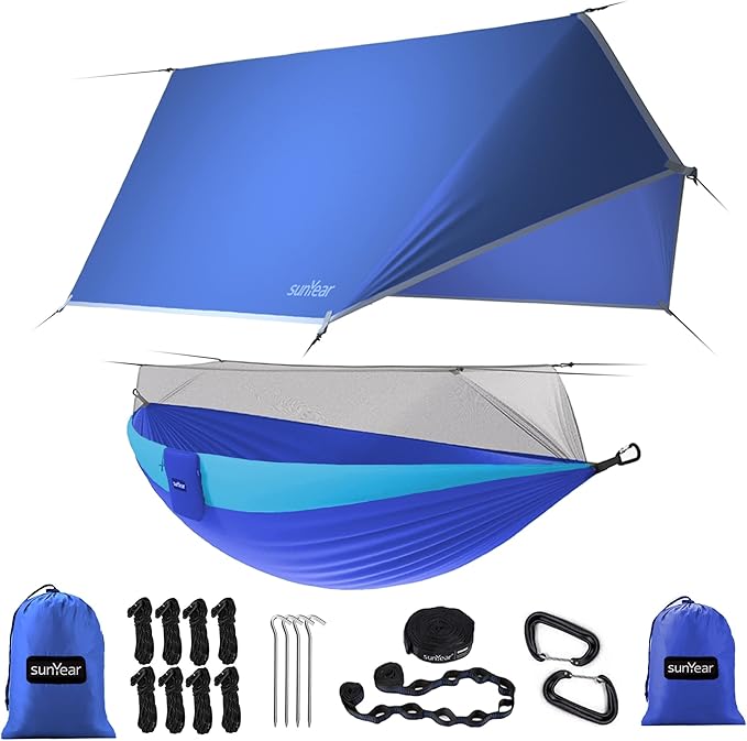 Sunyear Camping Hammock, Portable Single & Double Hammock with Net, 2 Person Hammock Tent with 2 * 10ft Straps, Best for Outdoor Hiking Survival Travel