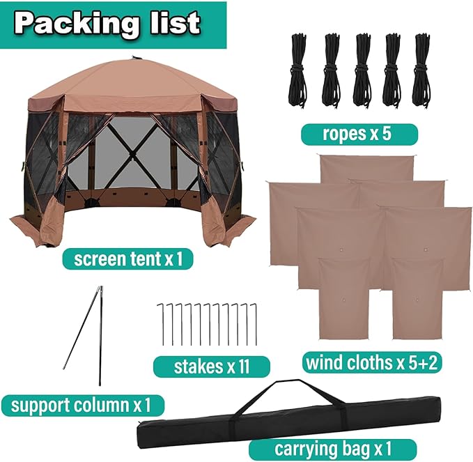 10 x 10 FT Pop Up Screen Tent, Portable Outdoor Camping Gazebo with Ground Stakes and Carry Bag, Brown