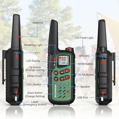 Baofeng Walkie Talkies with 22 FRS Channels, Long Range Walkie Talkies for Adults MP25 Family Walkie Talkie Two Way Radio with LED Flashlight LCD Display for Hiking Camping (Green,Include Battery)