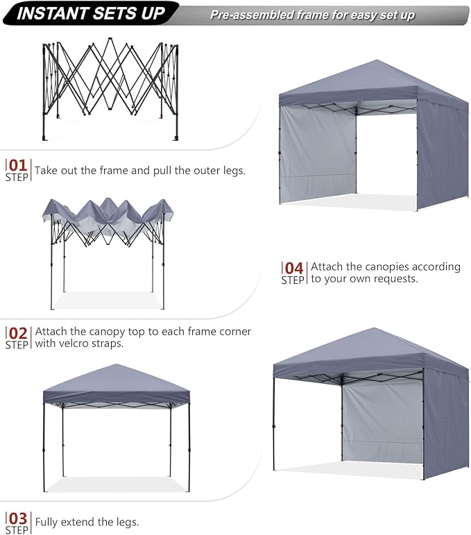 ABCCANOPY Easy Pop up Canopy Tent with 2 Sidewalls for Outdoor Sun Blocking or Rain Protection,10x10, Gray