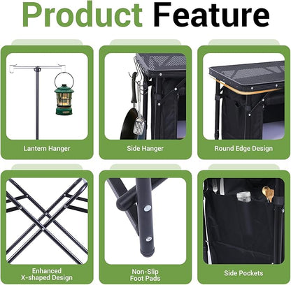 Nice C Camping Kitchen Station, Folding Table & Organizers, Upgrade Light Stand and Windshield Cooking Station, Carry Bag for Beach, Picnic (Black)
