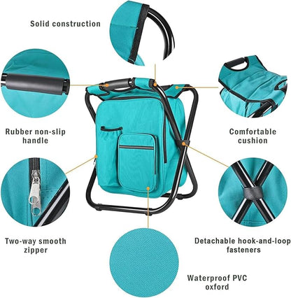 Kikerike Backpack Stool Cooler Chair Heavy Duty 400 LBS Max Load Portable Lightweight Stool Backpack Folding Fishing Cooler Seat for Camping Hunting Fishing - Blue-Green