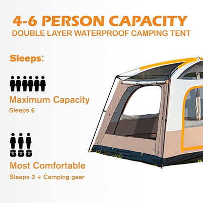 Camping Tent 4-6 Person, Double Layer, Multi-Room Family Cabin Tents with 3 Doors, Mesh Windows, Rainfly & Windproof, Large Waterpoof Tents for Outdoor Camping Hiking Picnic Gathering