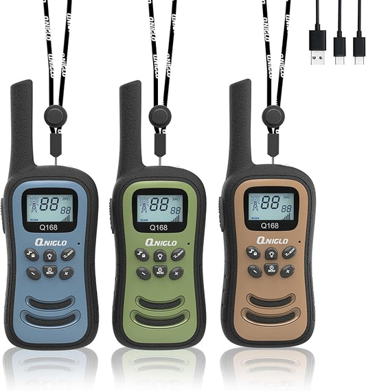 Qniglo Walkie Talkies for Adults/Kids, Rechargeable Walkie Talkies Long Range with 22 FRS Channels, VOX 2 Way Radios with LED Flashlight for Hiking Camping Trip Adventure(3 Pack)