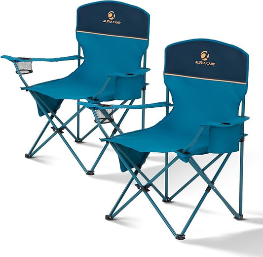 ALPHA CAMP Folding Camping Chairs for Adults Lawn Chairs Outdoor Chairs Support 250 LBS Portable Camp Chairs with Cup Holders Cooler Pouch for Outdoor, 2 Pack (Blue)