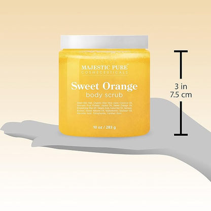 Majestic Pure Sweet Orange Body Scrub for All Natural Skin Care - Exfoliating Multi Purpose Body and Facial Scrub Moisturizes and Nourishes Face and Skin - 10 oz - Great Gift for Her