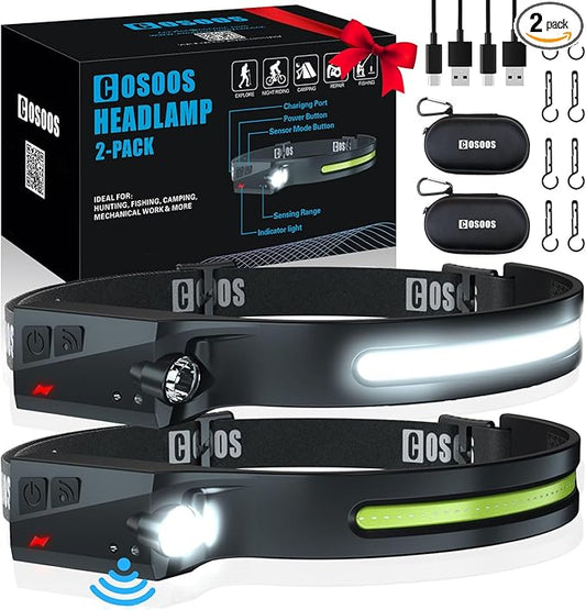 COSOOS 2 Rechargeable Headlamp Flashlight & Carry Case, Bright LED Head Lamp Outdoor, Wide Beam & Spot Light, Motion Sensor, 2.4 oz Lightweight Headband Headlights for Hardhat Camping Accessories