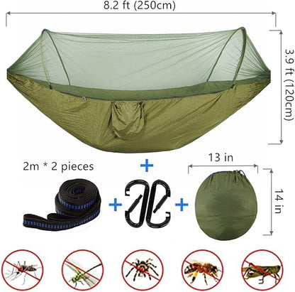 LFL Camping Hammock with Mosquito Net, Hammocks with 13ft Tree Straps Carabiners, Automatic Quick Open Outdoor Portable Hammock, Nylon Parachute Material Outside Hammocks (Black)