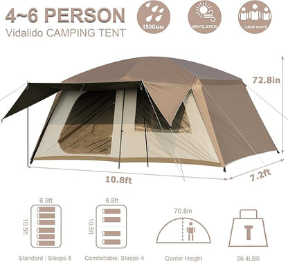 Vidalido 4-6 Person Camping Tent with 3 Door 2 Room Large Family Cabin Tents, Double Layer Waterproof Portable Glamping Tent, Big Tents for Outdoor Camping Hiking and Backpacking